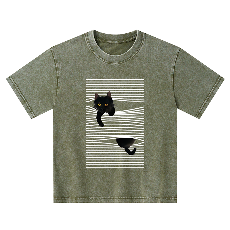 Tokyo-Tiger Cat Scratching Curtain Kids Washed T-Shirt