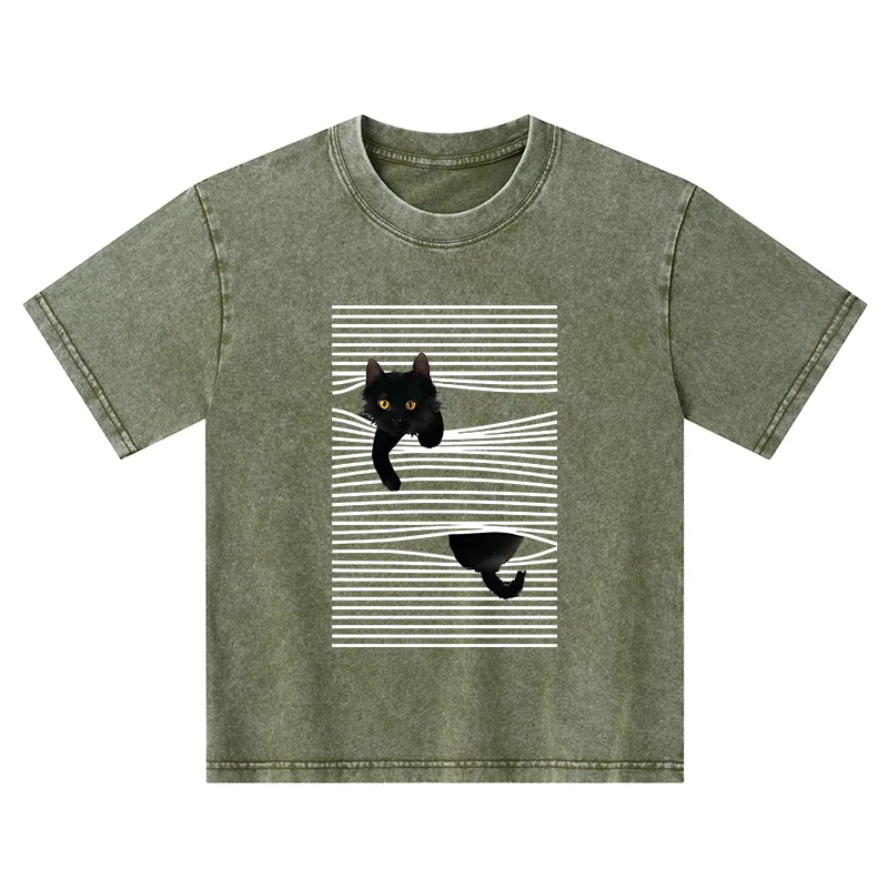 Tokyo-Tiger Cat Scratching Curtain Kids Washed T-Shirt