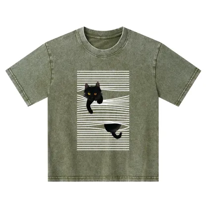 Tokyo-Tiger Cat Scratching Curtain Kids Washed T-Shirt