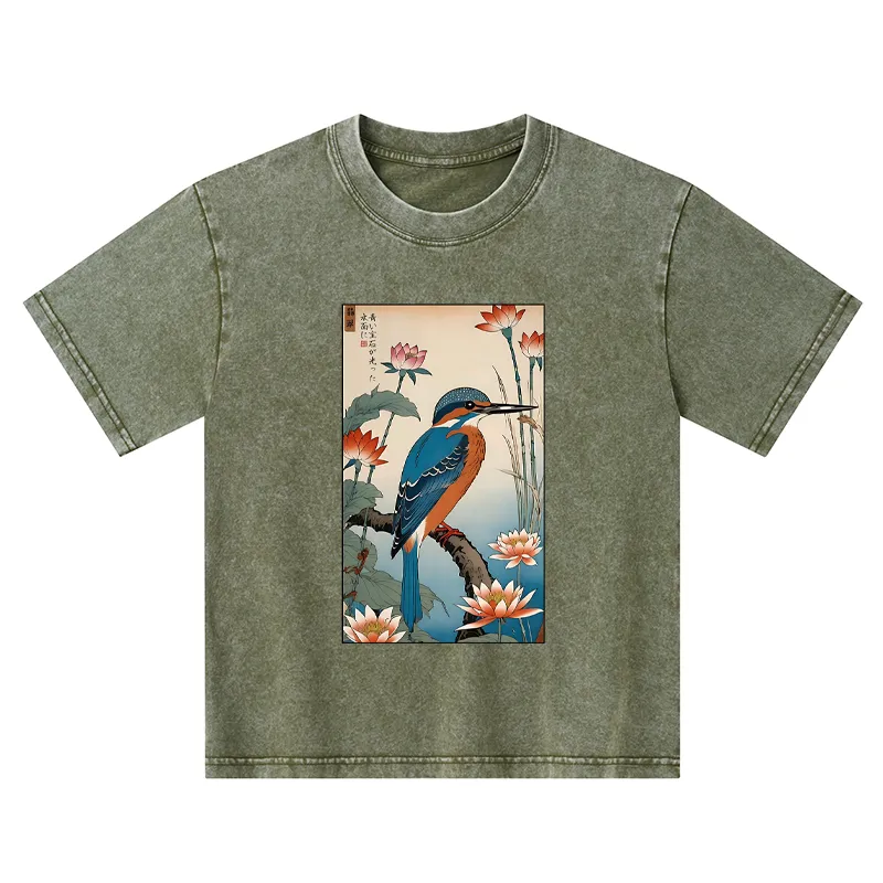Tokyo-Tiger Ukiyo-e Kingfisher Kids Washed T-Shirt