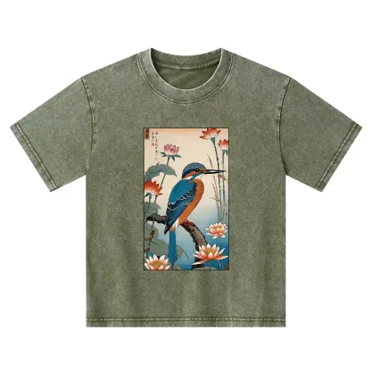 Tokyo-Tiger Ukiyo-e Kingfisher Kids Washed T-Shirt