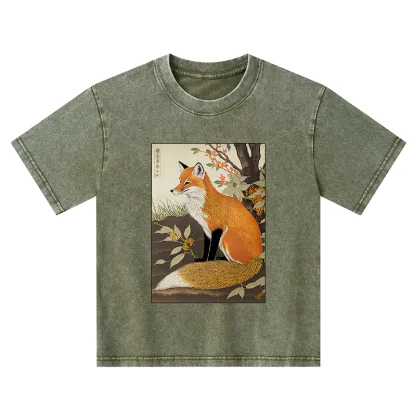 Tokyo-Tiger Ukiyo-e Fox Kids Washed T-Shirt