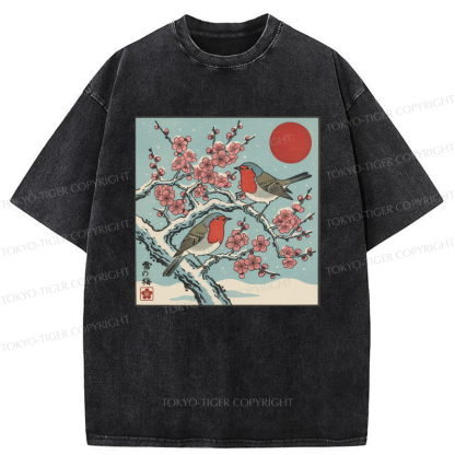 Tokyo-Tiger Winter Blossoms And Feathered Melodies Washed T-Shirt