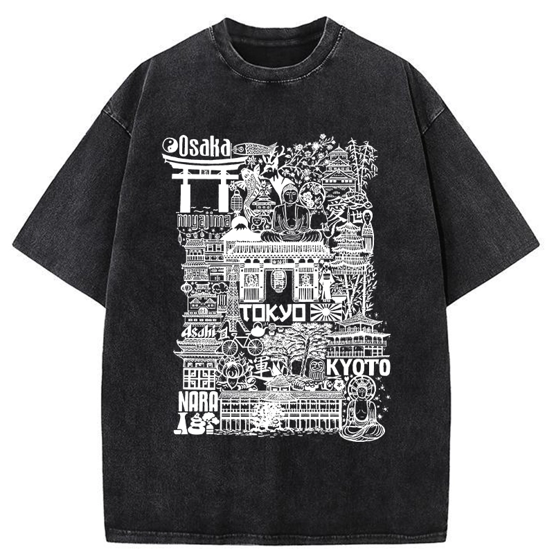 Tokyo-Tiger Japanese Line Cityscape Washed T-Shirt
