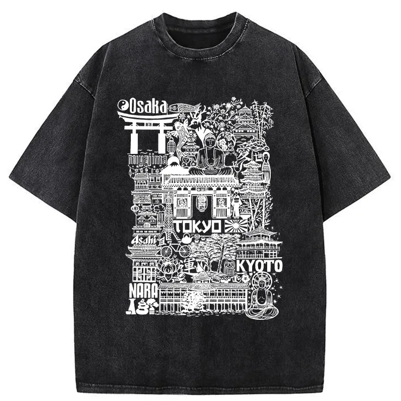 Tokyo-Tiger Japanese Line Cityscape Washed T-Shirt