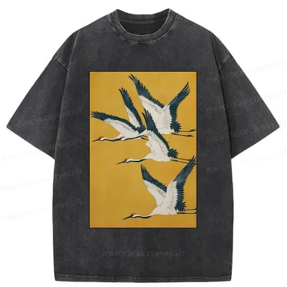 Tokyo-Tiger Vintage Cranes Painting Washed T-Shirt