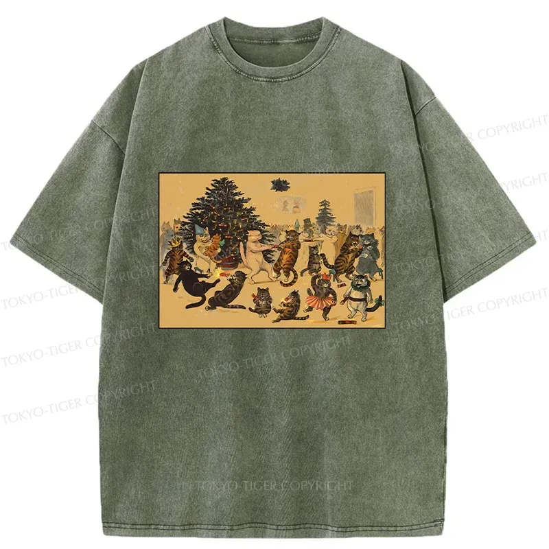 Tokyo-Tiger Christmas Cat Party Washed T-Shirt