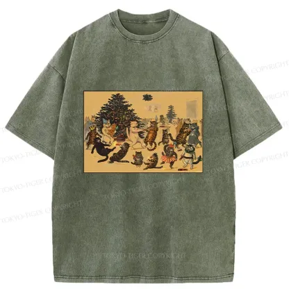 Tokyo-Tiger Christmas Cat Party Washed T-Shirt