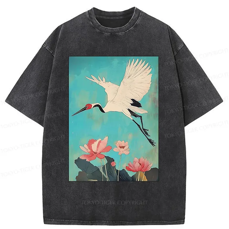Tokyo-Tiger Crane And Lotus Japan Washed T-Shirt