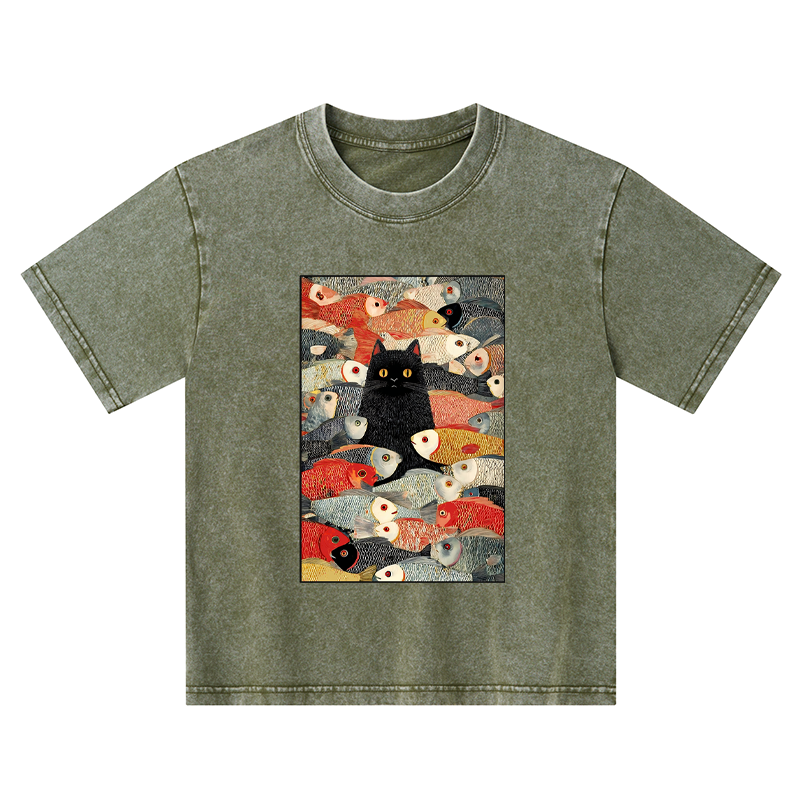 Tokyo-Tiger Cats And Fish Kids Washed T-Shirt