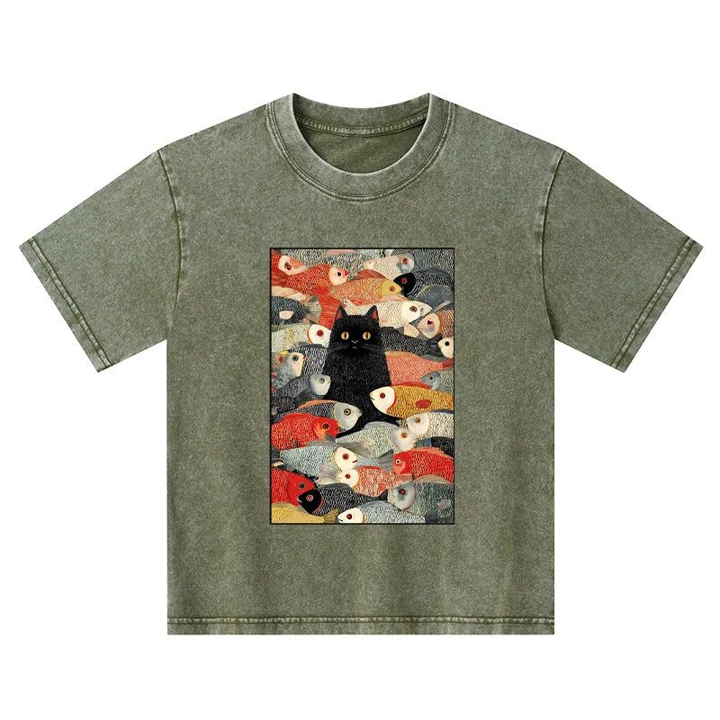 Tokyo-Tiger Cats And Fish Kids Washed T-Shirt