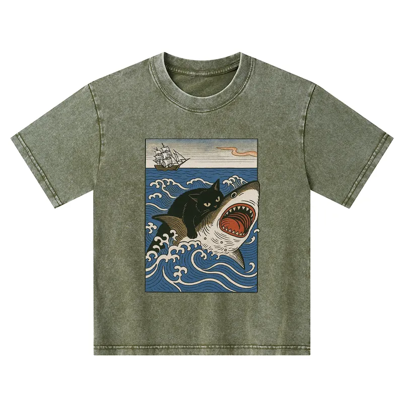 Tokyo-Tiger Cat Hunting Shark Kids Washed T-Shirt