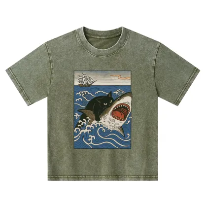 Tokyo-Tiger Cat Hunting Shark Kids Washed T-Shirt