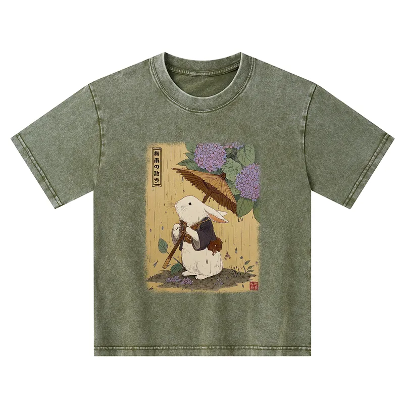 Tokyo-Tiger Ukiyoe Rainy Stroll Bunny Kids Washed T-Shirt