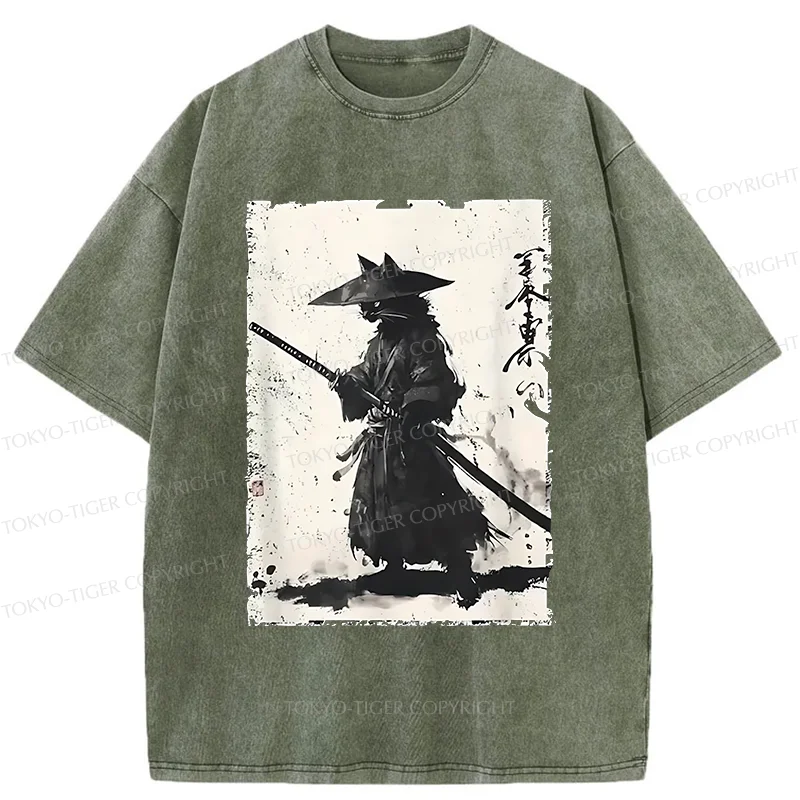 Tokyo-Tiger Handsome Cat Japanese Samurai Washed T-Shirt