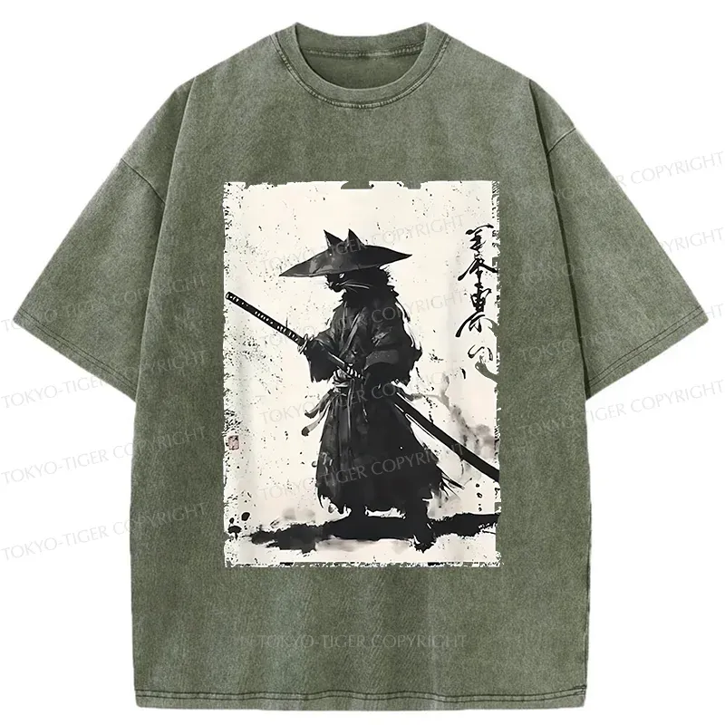 Tokyo-Tiger Handsome Cat Japanese Samurai Washed T-Shirt