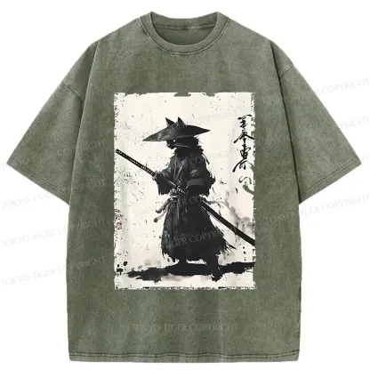 Tokyo-Tiger Handsome Cat Japanese Samurai Washed T-Shirt