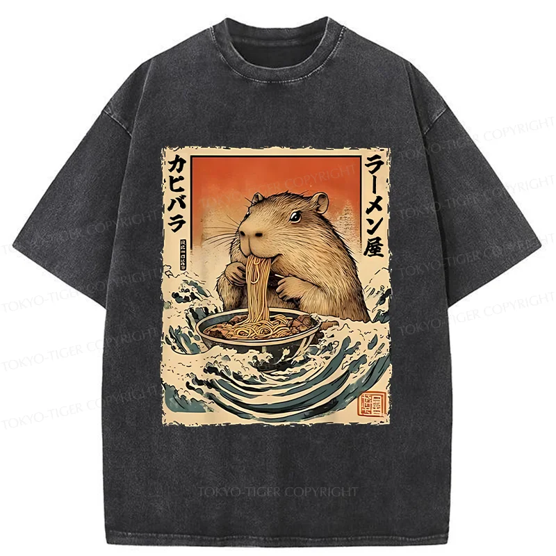 Tokyo-Tiger Hamster Eating Ramen Washed T-Shirt
