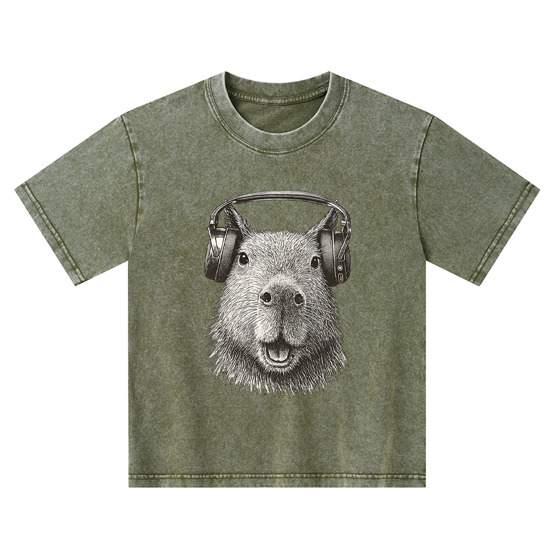 Tokyo-Tiger Capybara Listening To Music Kids Washed T-Shirt