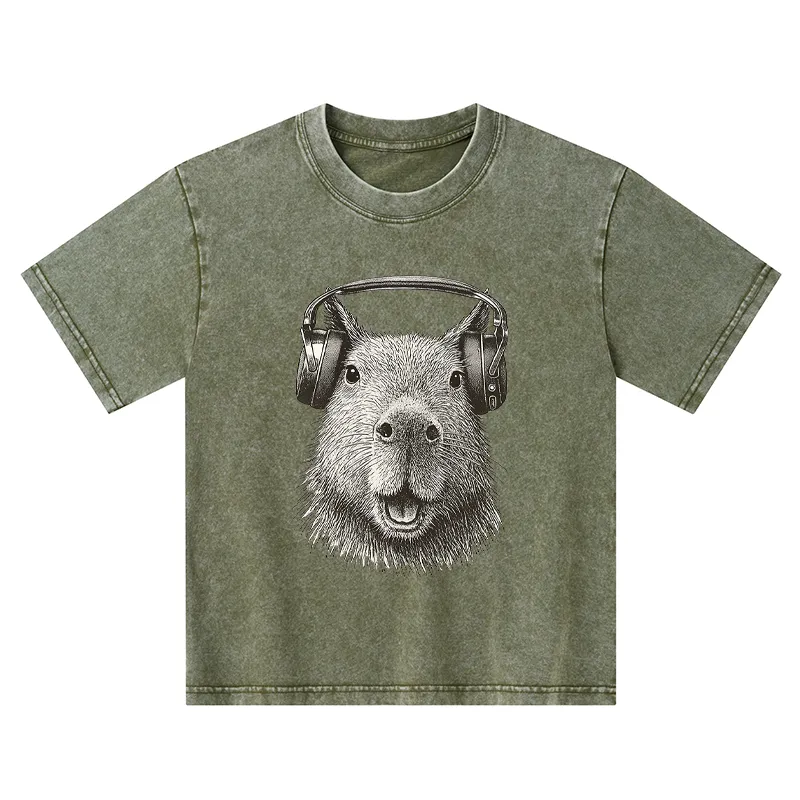 Tokyo-Tiger Capybara Listening To Music Kids Washed T-Shirt
