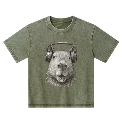 Tokyo-Tiger Capybara Listening To Music Kids Washed T-Shirt