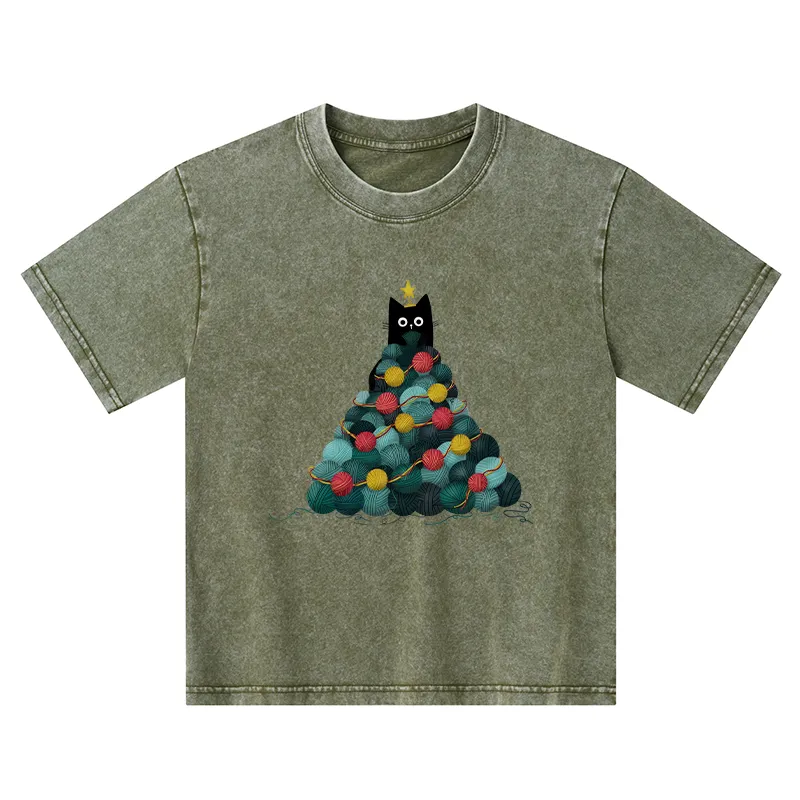 Tokyo-Tiger Yarn Christmas Tree Cat Kids Washed T-Shirt