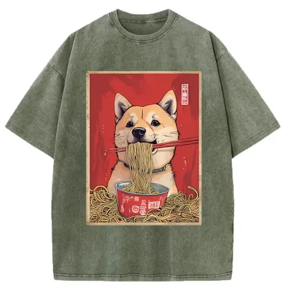 Tokyo-Tiger Shiba Lnu Eating Ramen Washed T-Shirt