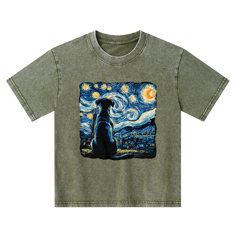Tokyo-Tiger Starry Night Dog Kids Washed T-Shirt