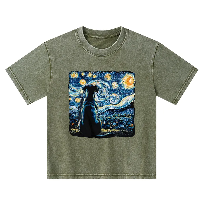 Tokyo-Tiger Starry Night Dog Kids Washed T-Shirt