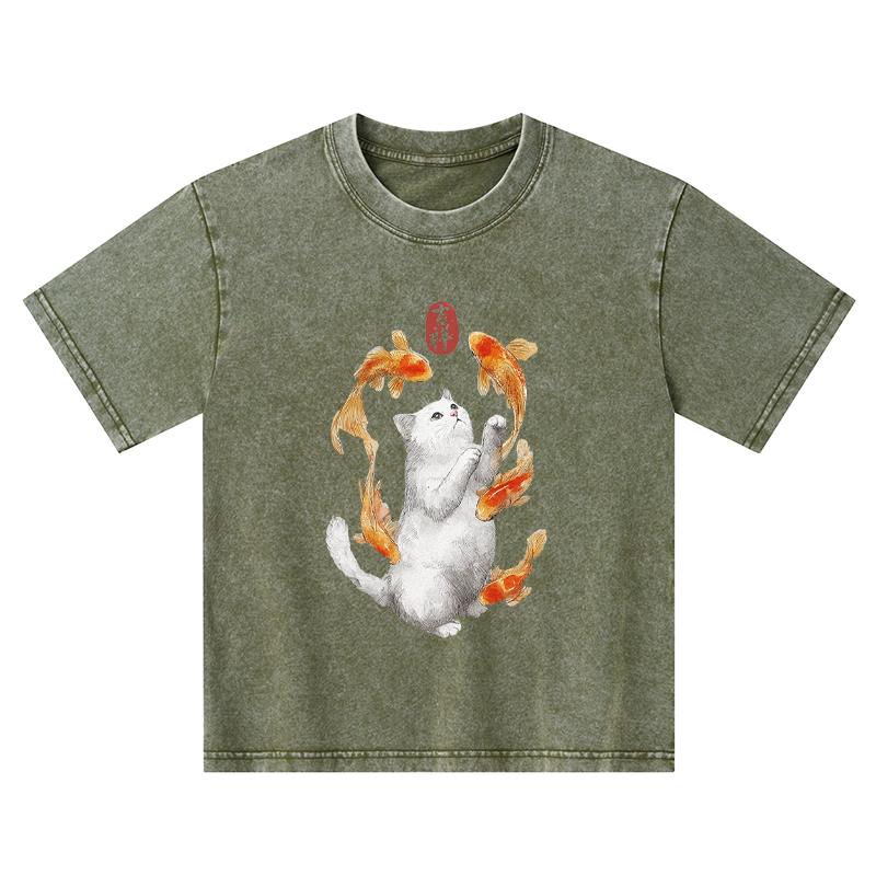 Tokyo-Tiger Zen Cat And The Dancing Fish Kids Washed T-Shirt