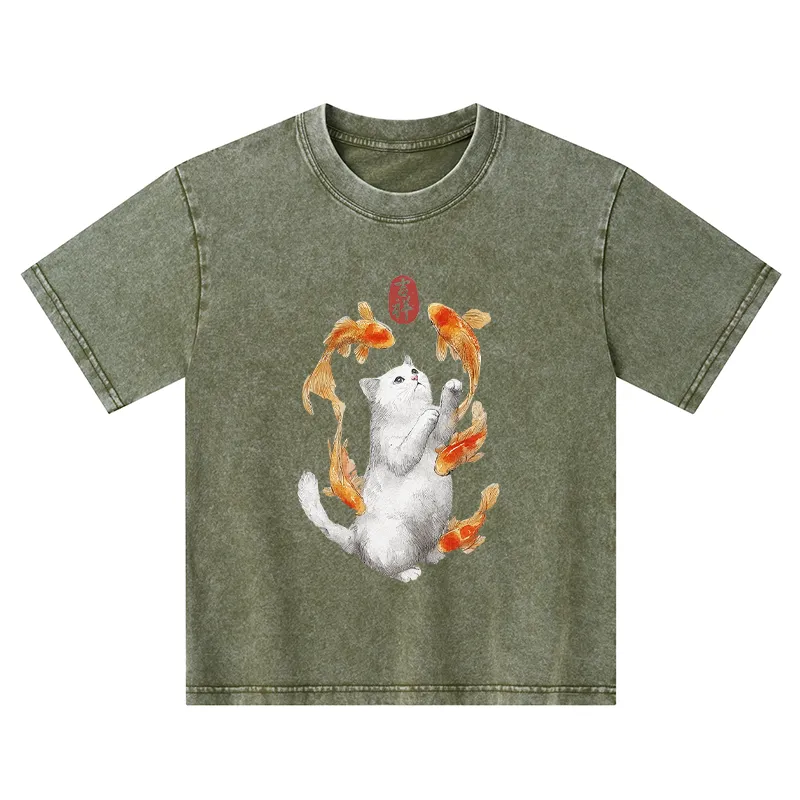 Tokyo-Tiger Zen Cat And The Dancing Fish Kids Washed T-Shirt