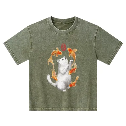 Tokyo-Tiger Zen Cat And The Dancing Fish Kids Washed T-Shirt