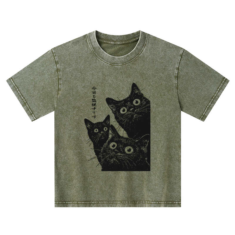 Tokyo-Tiger Three Cats Are Watching You Today Kids Washed T-Shirt