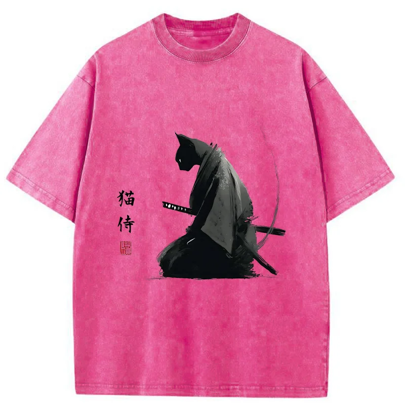 Tokyo-Tiger Kneeling Cat Samurai Washed T-Shirt