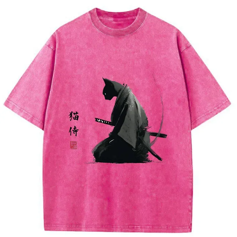 Tokyo-Tiger Kneeling Cat Samurai Washed T-Shirt