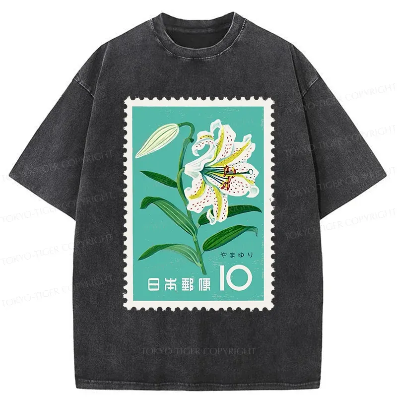 Tokyo-Tiger Japanese Stamps Washed T-Shirt