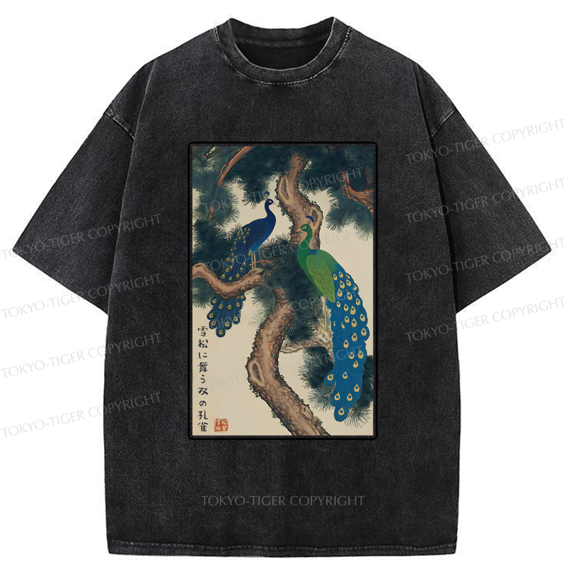 Tokyo-Tiger Peacocks in Snowy Pines Washed T-Shirt