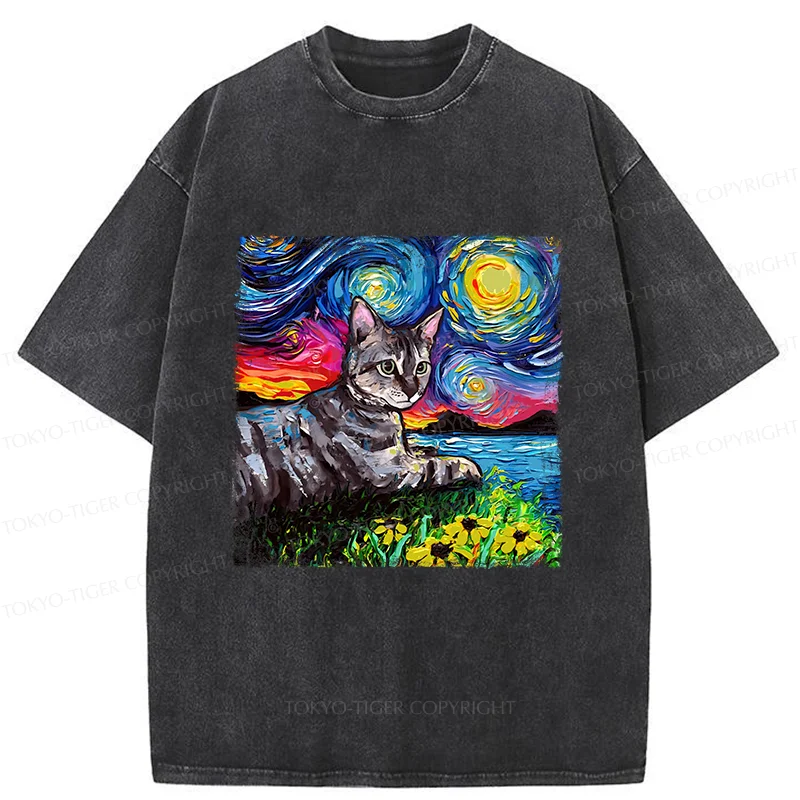 Tokyo-Tiger Cat Under The Starry Night Funny Washed T-Shirt