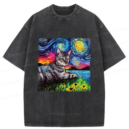 Tokyo-Tiger Cat Under The Starry Night Funny Washed T-Shirt
