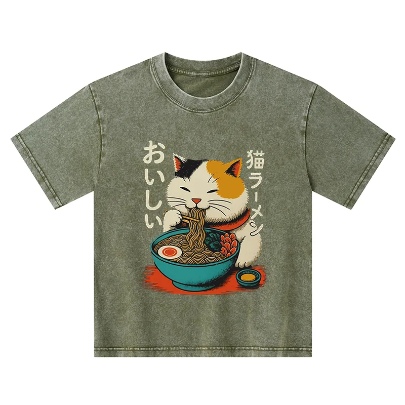 Tokyo-Tiger Cute Eat Eating Japanese Ramen Kids Washed T-Shirt