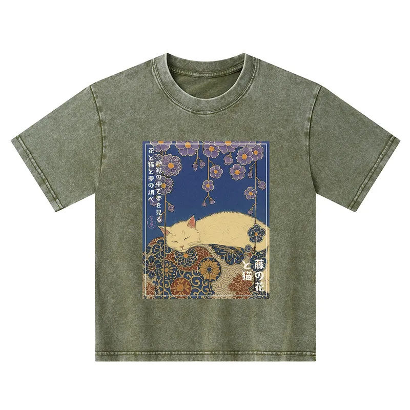 Tokyo-Tiger Ukiyoe Wisteria Flowers And Cats Kids Washed T-Shirt