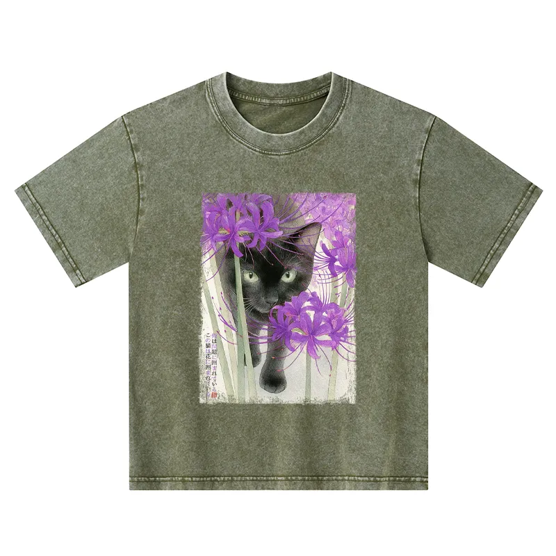Tokyo-Tiger A Cat Among The Flowers Kids Washed T-Shirt