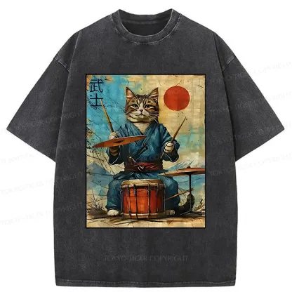 Tokyo-Tiger Cat Playing Drums Washed T-Shirt