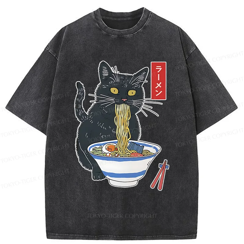 Tokyo-Tiger Black Cat Eats Delicious Ramen Washed T-Shirt
