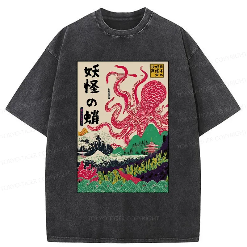 Tokyo-Tiger Octopus Japanese Yokai Washed T-Shirt