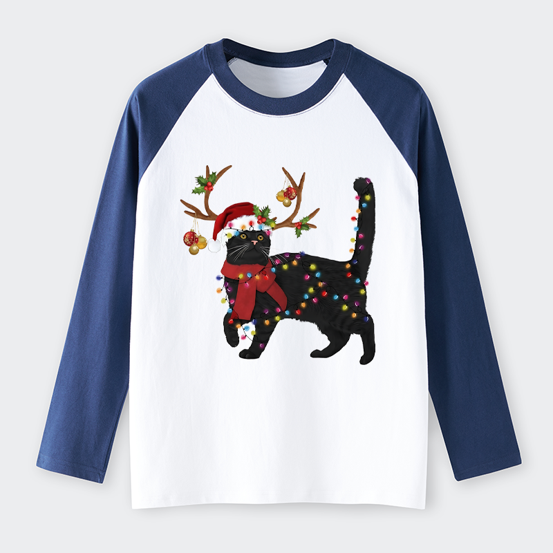 Tokyo-Tiger Christmas Black Cat Raglan Long Sleeve T-shirt
