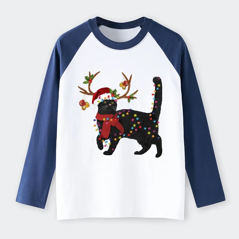 Tokyo-Tiger Christmas Black Cat Raglan Long Sleeve T-shirt