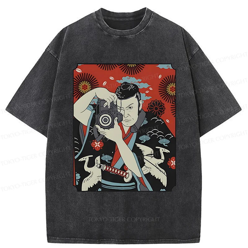 Tokyo-Tiger Samurai Is Taking Photos Washed T-Shirt Sale