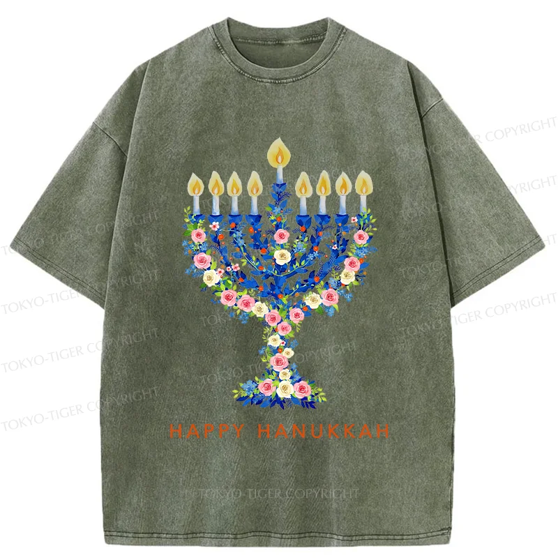 Tokyo-Tiger Hanukkah Candles Washed T-Shirt