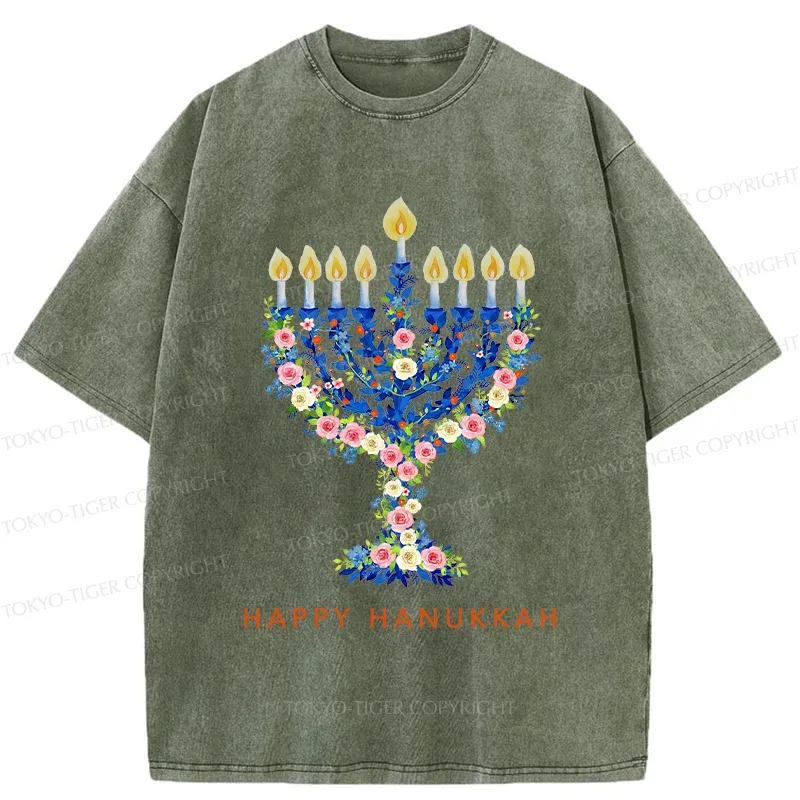 Tokyo-Tiger Hanukkah Candles Washed T-Shirt